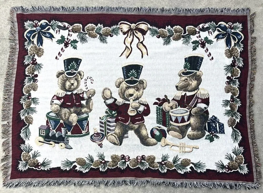 Vintage Christmas Woven Throw Blanket Tapestry Wall Hanging Teddy Bear Band
